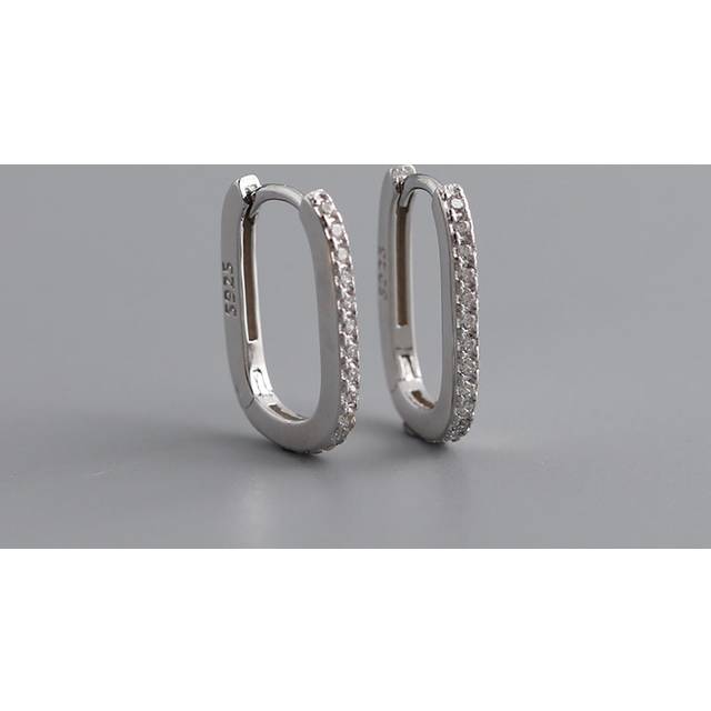 HuooNew 1pair Advanced 925 Sterling Silver Ellipse & Square Shape Micro Inlaid Cubic Zirconia Earrings, Unisex Silver Jewelry For Gift