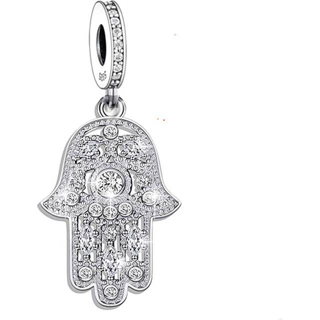 HuooNew 1pc Vintage 925 Sterling Silver Hand Palm With Diamond & Cubic Zirconia Pendant Beaded Necklace, Unisex, For Summer Sale, Parties
