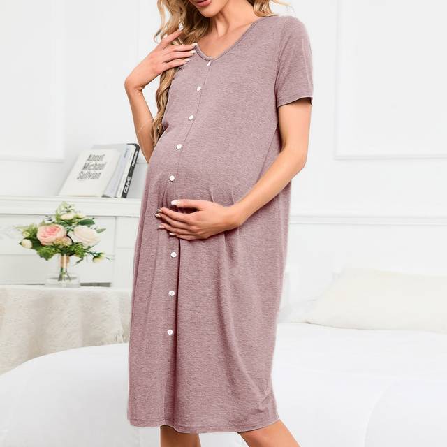 Maternity Button Front Nursing Lounge Klänning för mamma - Dammrosa (L,M,S,XL)