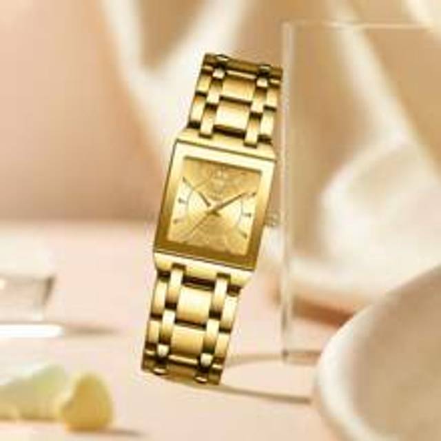 LIEBIG 1pc Men Women Gold Stainless Steel Strap Fashionable Square Dial Quartz Watch, For Daily Life
