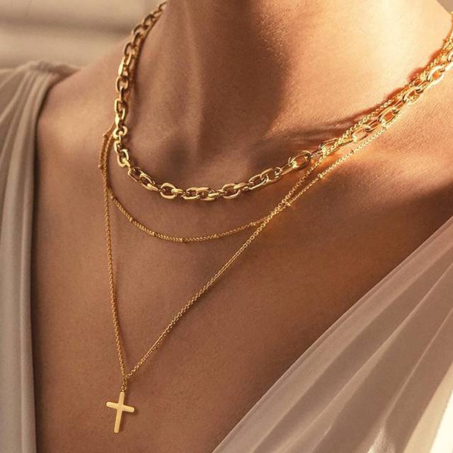 SHEIN Stainless Steel Cross Chain & Beaded Chain Women&#39;s Delicate And Simple Stainless Steel Double-layered Cross Pendant Necklace