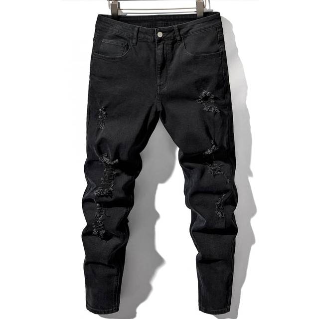 Manfinity Men Cotton Ripped Frayed Skinny Plain Slim Fit Long Plain Black Dark Wash Jeans Washed Cargo Jeans, For Husband, Boyfriend Gifts
