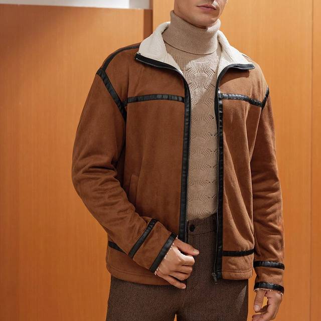 Herr Överdimensionerad Fuskmocka Jackor Med Teddyfoder Och Kontrast Knytning - Brun (L,M,S,XL,XS,XXL,XXS,XXXL,XXXXL)