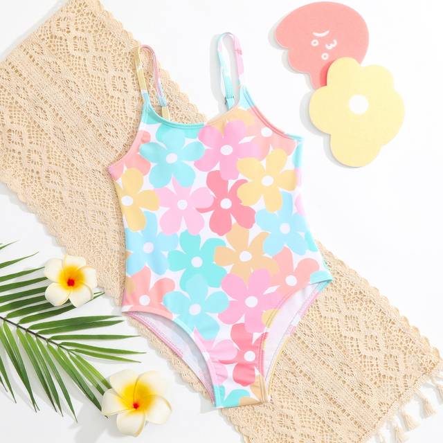 SHEIN Young Girl Toddle One Piece Swimsuit With Cute Flower Design, Random Print, Adjustable Straps For Summer