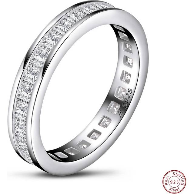 SHEIN 1PC Princess Cut Full Eternity Band Rings For Women All-Around 4x4mm CZ Channel Setting 925 Sterling Silver Engagement Wedding Band Ring Jewelry Gifts