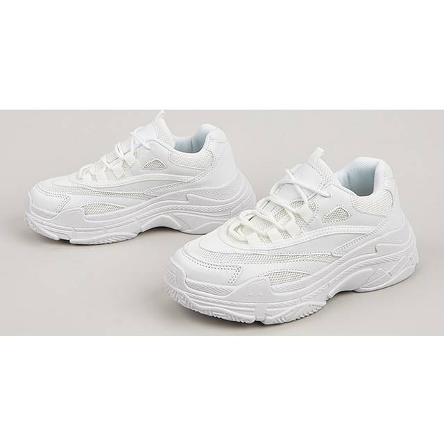 Chunky sneakers med snörning framtill i meshpanel, Chunky sneakers för damer med vita lapptäcken, sportsnören och enfärgad - Vitt (EUR35,EUR36,EUR37,EUR38,EUR39,EUR40,EUR41,EUR42)