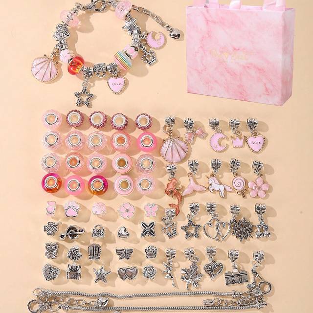 SHEIN 1box Alloy Large Hole Beads With Glass Beads, Lobster Clasp Diy Chain Set Jewelry Accessories For Girls