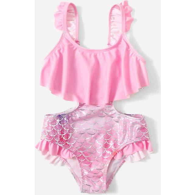 SHEIN Young Girl Fish Scales Frill Trim One Piece Swimsuit