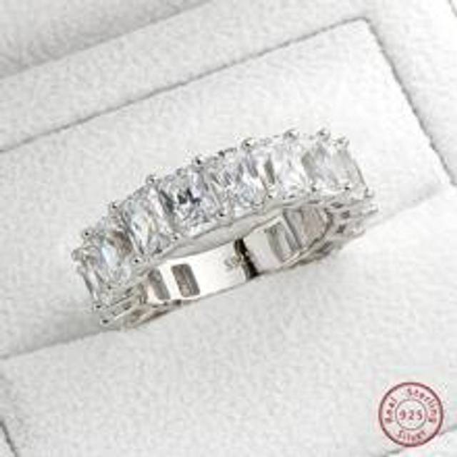 SHEIN 1pc Sparkling Radiant Cut CZ Full Eternity Rings For Women 925 Sterling Silver AAAAA+ 6x4mm Cubic Zirconia Anniversary Wedding Band Ring Birthday Jewe