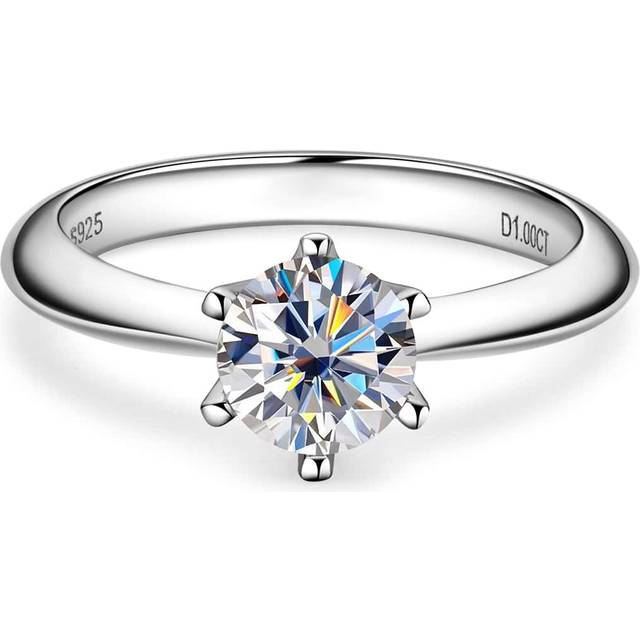 XUJIA 1PC 1ct Moissanite Ring For Women D Color VVS1 6.5mm Round Excellent Cut Solitaire Engagement Ring 925 Steling Silver Classic Six-Prong Setting Silver