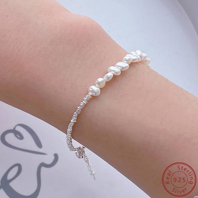 SHEIN 1pc & Elegant Sterling Silver Asymmetrical Baroque 5-6mm Natural Freshwater Pearl Bracelet With Unique Design, Perfect For Birthday Gift To Friends An