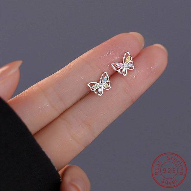 SHEIN 1 pair Fashionable 925 Sterling Silver Colorful cubic zirconia Butterfly Stud Earrings With Classic Sweet Style Earrings Design For Daily Decoration