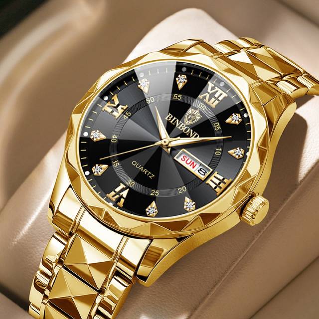 BINBOND 1pc Men&#39;s Watch Shiny 3D Cut Glass 50m Waterproof Rust-Proof 316 Stainless Steel Luminous Hands Japan Imported Quartz Automatic Movement - High-Qualit