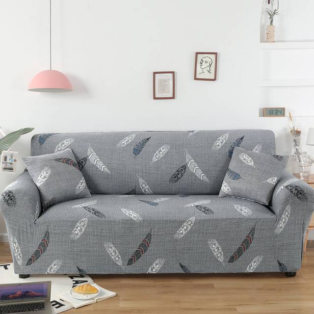 SHEIN 1pc Feather Print Stretchy Sofa Cover & 1pc Cushion Cover Set, Modern Sofa Dust Cover For Living Room, Pillow Insert Not Include