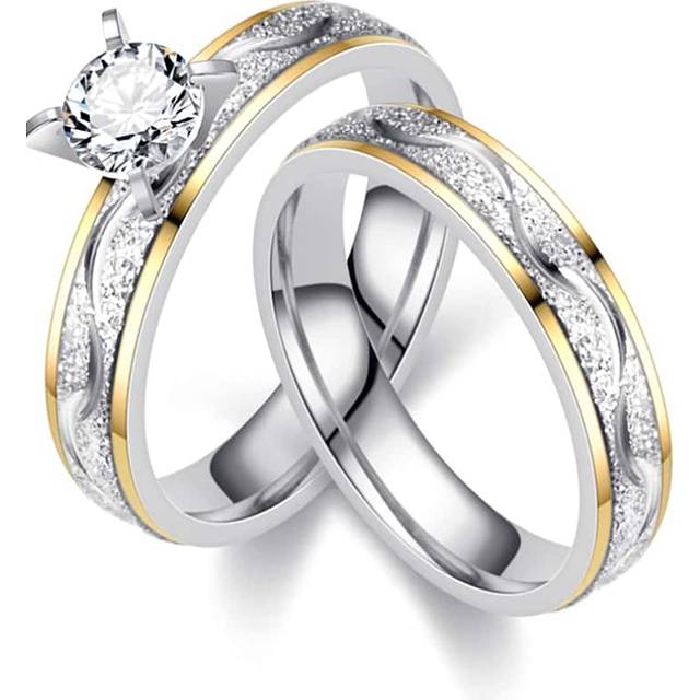 SHEIN 1pair Cubic Zirconia Inlaid Couple Ring Diamond & Crystal Decor Ring Set, Fashion Jewelry Accessory, Ideal For Wedding And Engagement, Birthday Party,