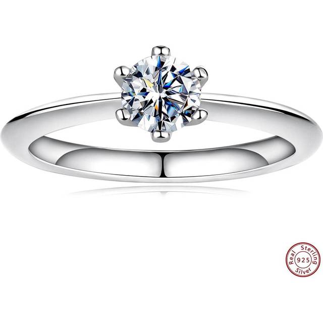 XUJIA 1PC Solitaire 0.5ct Moissanite Ring For Women D Color VVS1 5mm Round Excellent Cut Engagement Ring 925 Sterling Silver Classic Six-Prong Setting Silve