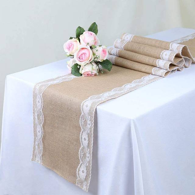 SHEIN 1pc Splicing Burlap Table Runner, Vintage Farmhouse Style Table Runner Knitting Table Runner, Room Table Decor, Wedding Bridal Engagement Birthday Ann