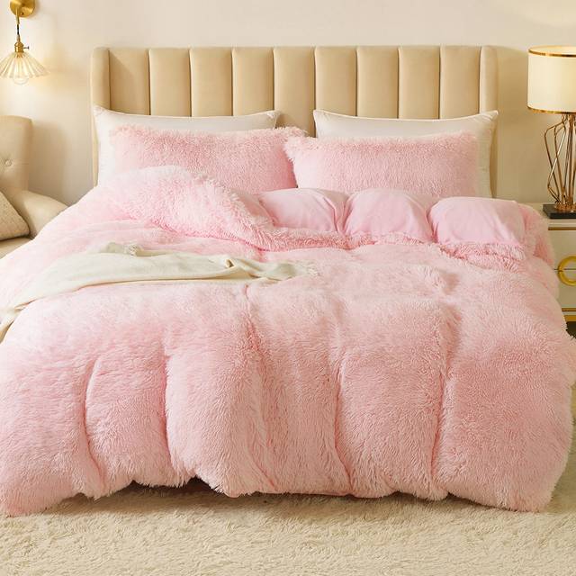 SHEIN 2/3Pcs Light Pink Bedding Plush Shaggy Duvet Cover Set Fluffy Faux Fur Duvet Cover With Pillowcases (1pc Faux Fur Duvet Cover+2pcs Pillowcases) Beddin