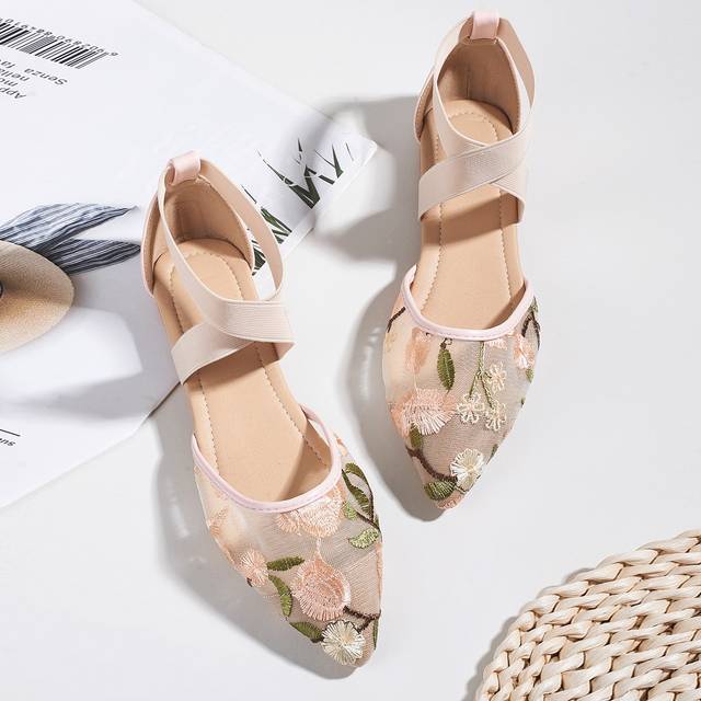Kvinnor Blommiga Broderier Nät Plattor , Fashionabel Spetsig Tå Vristband Ballerina platta skor - Rosa (EUR35,EUR36,EUR37,EUR38,EUR39,EUR40,EUR41,EUR42,EUR43)