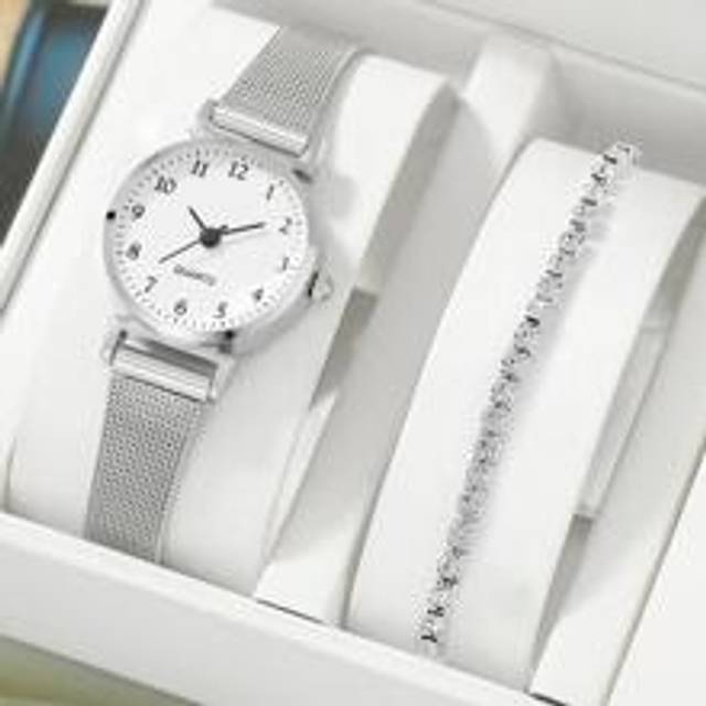 SHEIN 1pc Women Silver Zinc Alloy Strap Elegant Round Dial Quartz Watch & 1pc Rhinestone Decor Chain Bracelet, For Daily Decoration Holiday