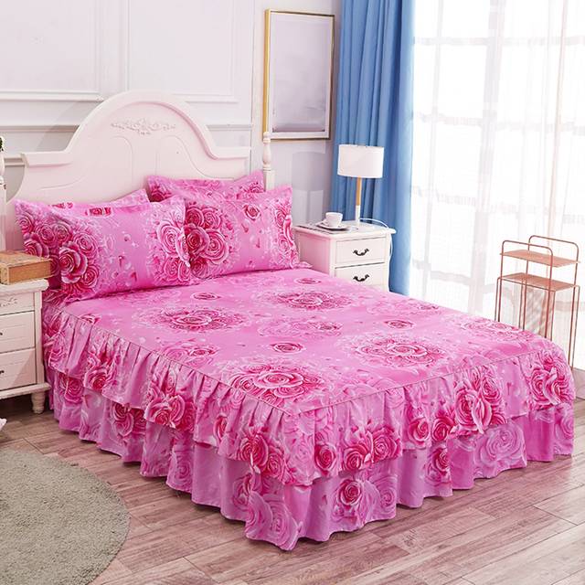 SHEIN 1pc Multicolor Double Layer Lace Single Bed Skirt, Anti-Fading, Anti-Pilling, Skin-Friendly, Soft Printed Bedspread For Home Bedroom, Korean Style