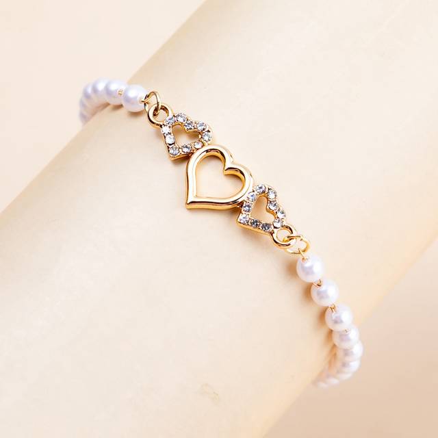1 st Fashionabla avancerade eleganta minimalistiska chic hjärtformade strass- och fuskpärlor med kedjearmband, mångsidig daglig klädsel och present fö - Gult guld (En-Storlek)