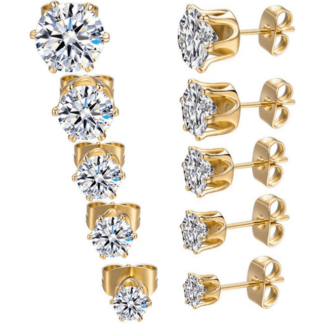 SHEIN 5Pairs 4/5/6/7/8mm Crystal Stud Earrings For Men Stainless Steel Black Cubic Zirconia Ear Piercing Stud Earring Fashiom Jewelry