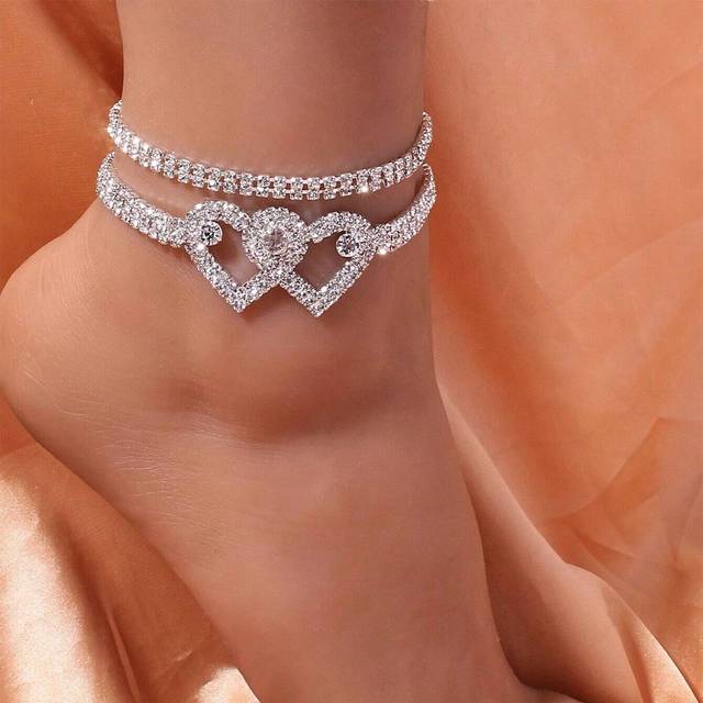 SHEIN 2pcs/set Luxury Rhinestone Heart Decor Anklet For Women For Daily Decoration