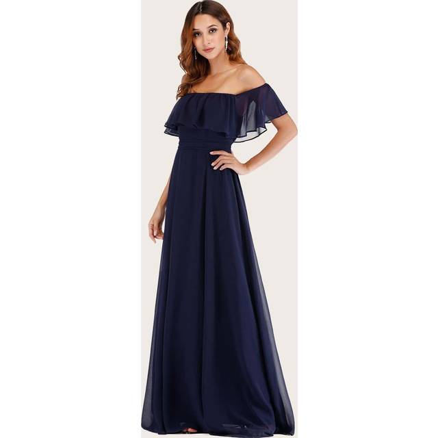 EVER-PRETTY Off Shoulder Ruffles Sleeve Side Split A-Line Chiffon Navy Blue Bridesmaid Dress Wedding Guest Dress For Wedding Vacation Graduation