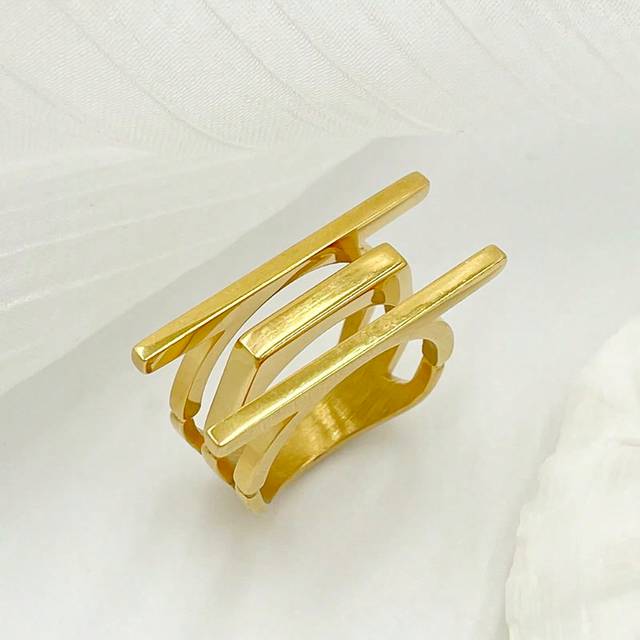 Mazuer 1pc 18k Gold-plated Stainless Steel Geometric Triple Line Couple Ring Suitable For Women, Great For Date, Gift, Daily Commute