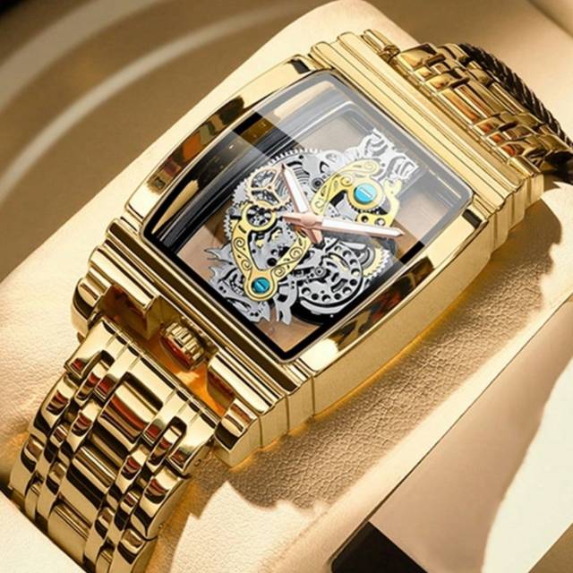 BINBOND 1pc 50m Waterproof Gold Square Skeleton Rust-Proof 316L Stainless Steel Watch With Luminous Hands, Japan Imported Quartz Automatic Movement - High-Qua