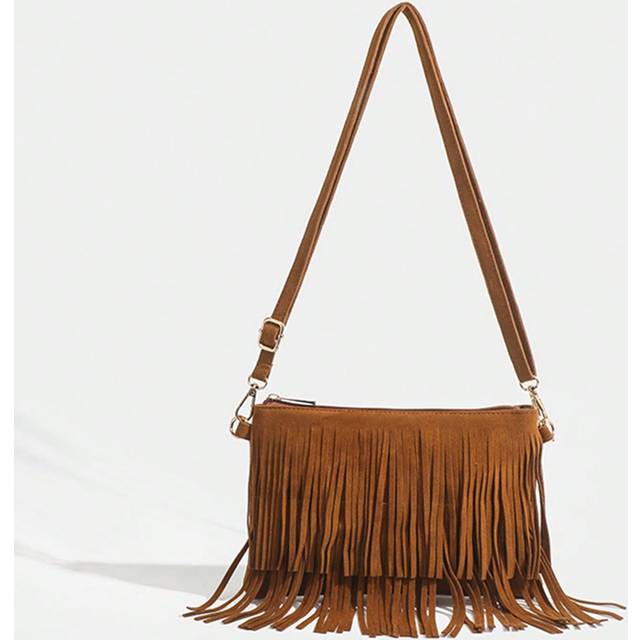 SHEIN 1pc Bohemian Style Women Bag, Deer Suede Retro Matte Bucket Bag, Small Pu Leather Square Tassel Crossbody Bag, Suitable For School, Work, Commuter, Ou