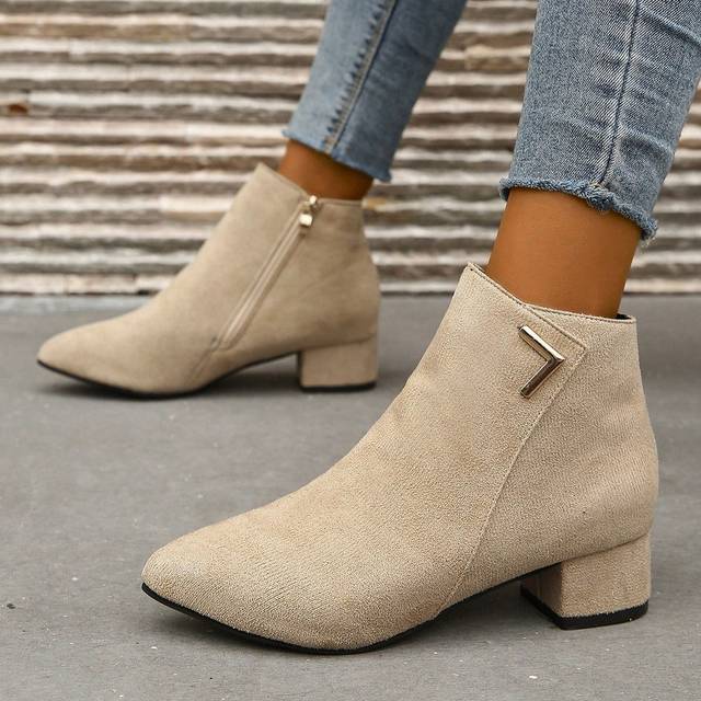 Fashionabla högklackade stövlar för kvinnor med dragkedja på sidan och tjocka klackar - Beige (CN35,CN36,CN37,CN38,CN39,CN40,CN41,CN42)