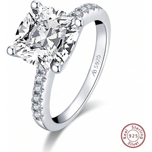 SHEIN 1pc Classic Cushion Cut CZ Engagement Rings For Women 100% 925 Silver 9x9mm Sparkling AAAAA+ Cubic Zirconia Anniversary Wedding Band Ring Jewelry Gift