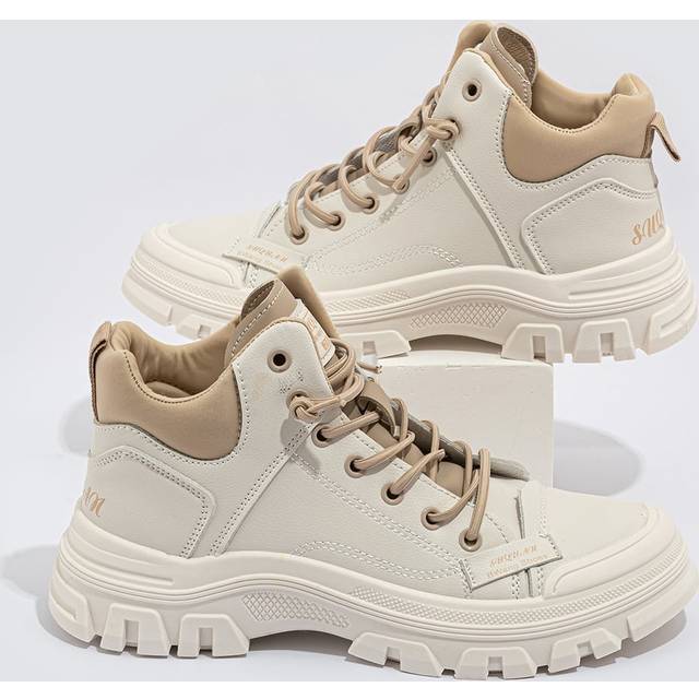 Tvåtonad Hög topp Snörning Framtill Sneakers med Tjock Sula , Kvinnors Enkel Atletiska Skor , Beige Färg Med Färgblock Design (CN35,CN36,CN37,CN38,CN39,CN40,CN41,CN42)
