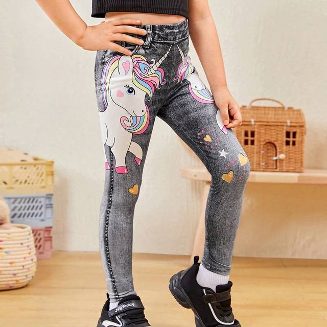 SHEIN Young Girl Comfortable Denim Effect Cute Cartoon Unicorn Printed Leggings