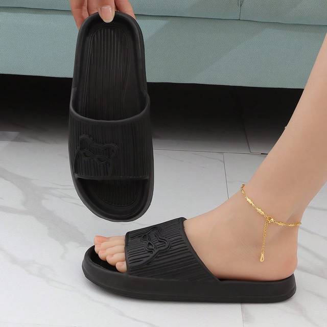 SHEIN Women Letter Graphic Single Band Slides, Plastic Fashion Slides Black
