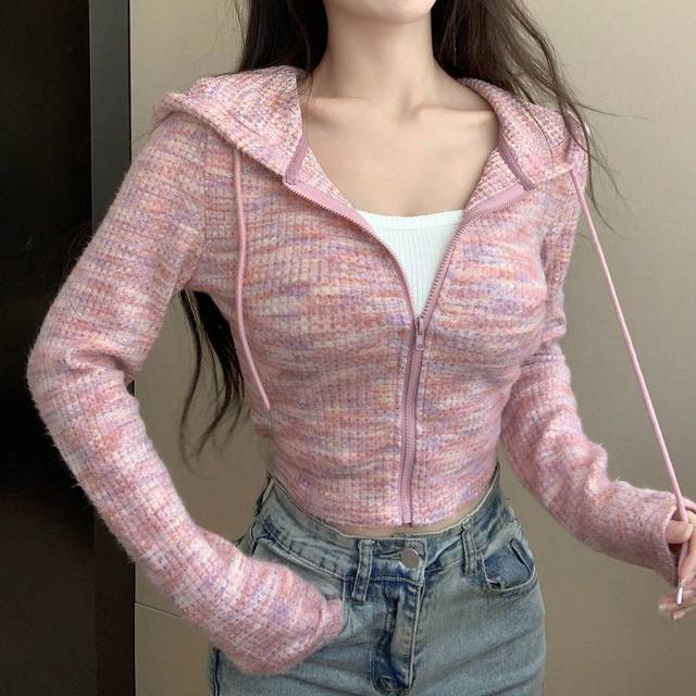 Rymdfärg Dragkedja igenom Dragsko Huva Beskuren Sweatshirt - Rosa (L,M,S,XL,XS)