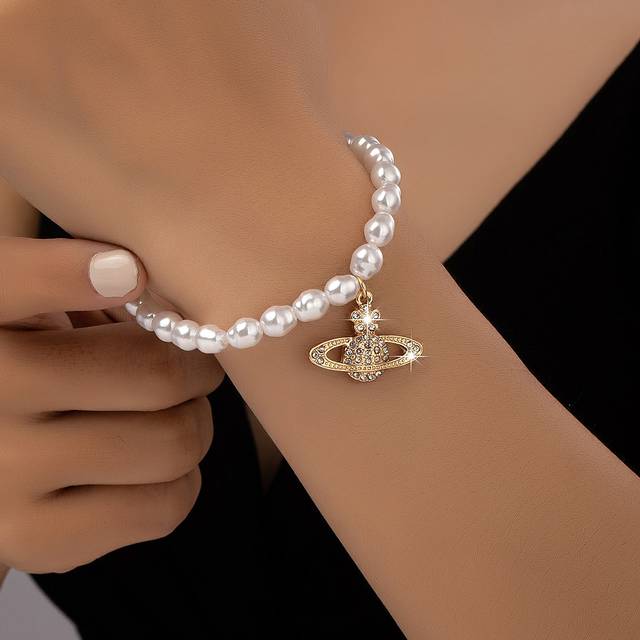 SHEIN 1pc Women&#39;s European Style Rhinestone Pearl Galaxy Metal Rivet Chain Decor Adjustable Cherry Link Bracelet, Suitable For Everyday Wear And Holidays Gi