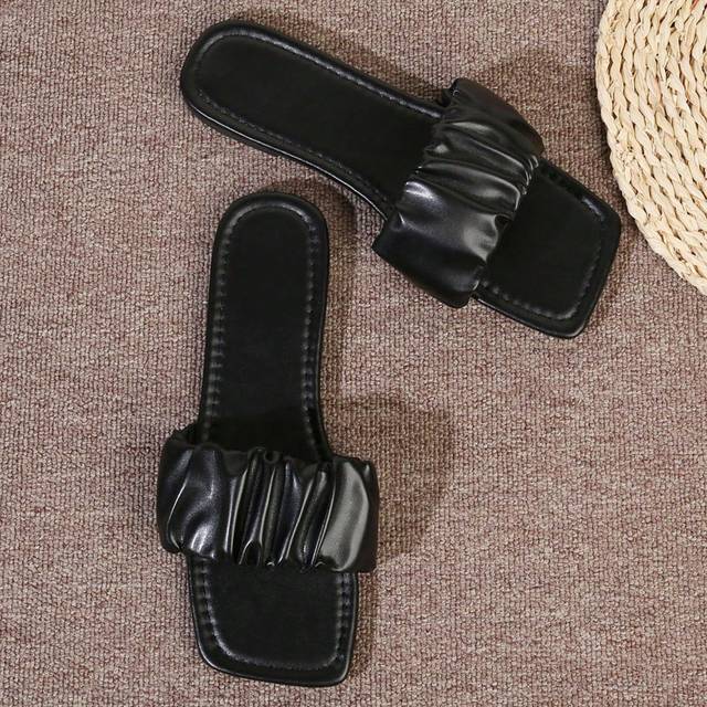 Platta sandaler för kvinnor, 2023 nya sommarmodiga rutschkanor med veckad design för utomhus- och fritidskläder - Svart (CN35,CN36,CN37,CN38,CN39,CN40,CN41,CN42,CN43)