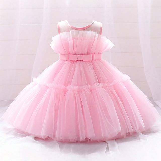 SHEIN Solid Color Tulle Fluffy Skirt With Bow Decor At Waist, Cute & Elegant Dress Suitable For Birthday Party, Without Headpiece
