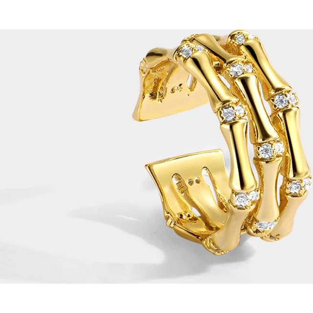 Charm-In 18K Gold Plated Copper 3-Layer Bamboo Knot Ring With CZ For Women, Wedding/Birthday/Christmas Gift