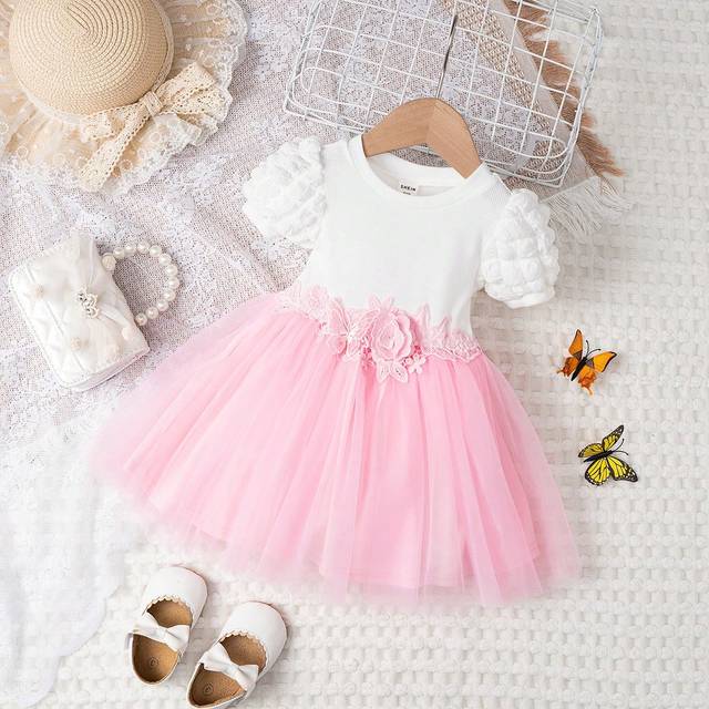 SHEIN Baby Girl Two Tone Appliques Puff Sleeve Mesh Hem Dress