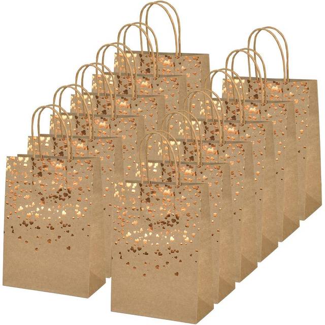 SHEIN 12pcs Small Sized Brown Kraft Paper Bags (8.27*5.91inch), Bronzing Paper Bags, Kraft Gift Bags, Paper Party Bags With Handles, Shopping Bags, Birthday