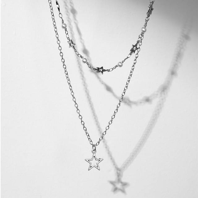 SHEIN 1pc Silver Metal Handmade Chain With Star & Moon Pendants Multilayer Necklace