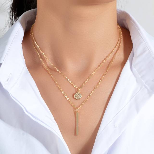 SHEIN 1pc Round Rhinestone Disc Charm Bar Pendant Gold Chain Layered Necklace Women Daily Party Jewelry