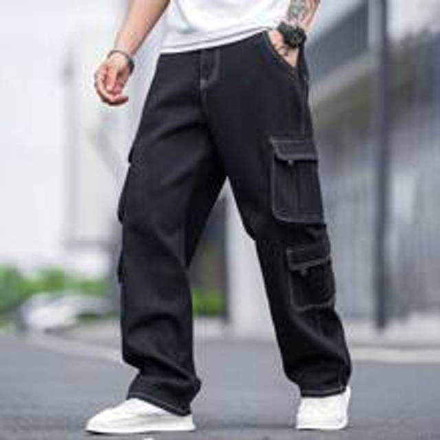 Manfinity Men&#39;s Loose Fit Jeans With Flap Pockets On The Side Baggy Long Washed Cargo Jean Plain Black Urban Street Wear Friends