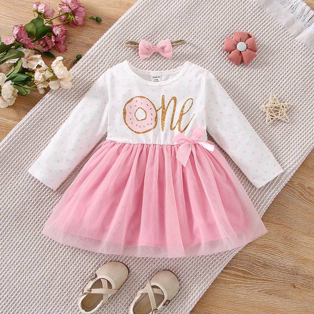 SHEIN Baby Girl Letter & Cartoon Graphic Bow Front Dress With Accessory Headband