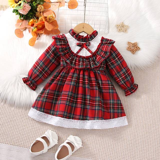 SHEIN Baby Girl Tartan Print Ruffle Trim Flounce Sleeve Dress