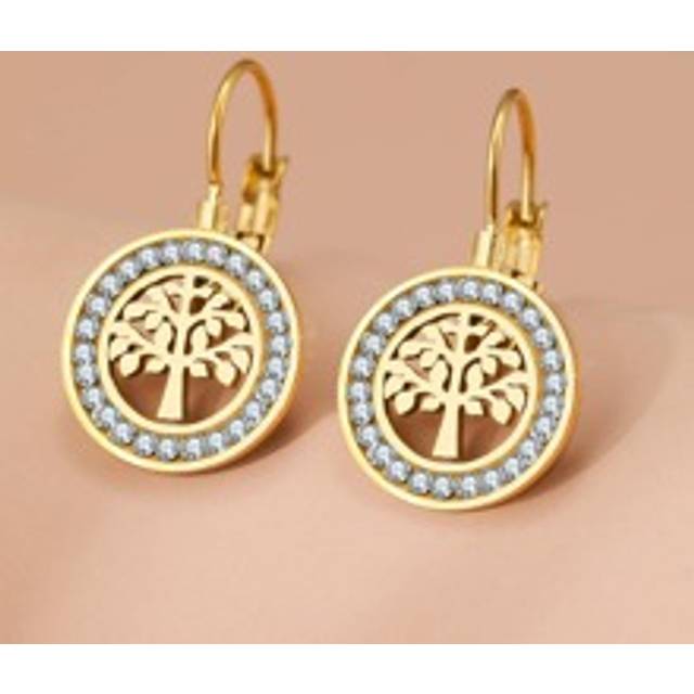 Örhängen i rostfritt stål 2021 Trend Fortune Tree 3A Zirconia Kristall Mode Charmörhängen För Kvinnor Smycken Fest Bästa presenterna - Guld (Längd 2cm Bredd 1,5cm)